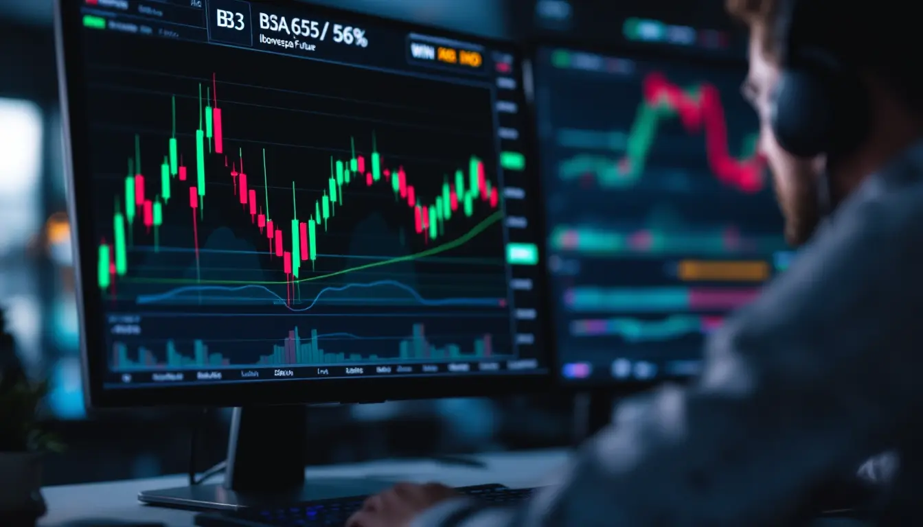 Trader diante de monitor com gráfico de candles do Ibovespa Futuro, em ambiente escuro